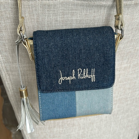 JOSEPH RIBKOFF Patchwork Denim & Metallic Gold Tassel Mini Crossbody Purse - Picture 3 of 15